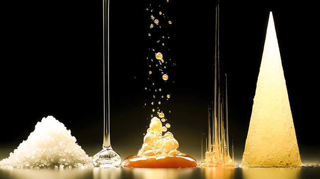 Conceptual studio composition showing sugar crystals, clear syrup, bubbling caramel, spun sugar, and a hardened cone as stages of sugar transformation.