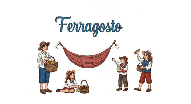 Ferragosto Italian Summer Celebration: Children with Fruit Baskets and Hammock, Vintage Illustration Style