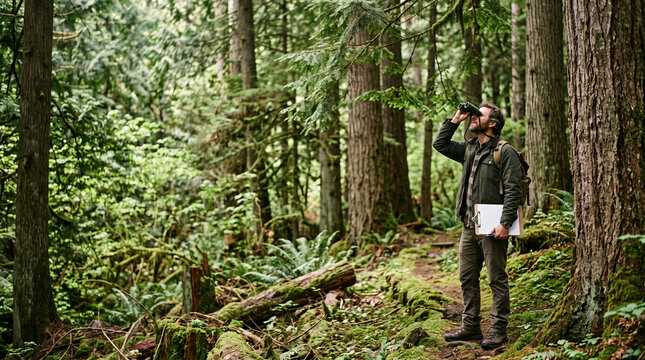 Biologist observing wildlife with binoculars in an old-growth forest