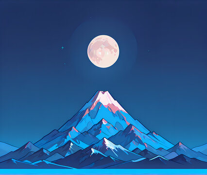 Minimalist Mount Fuji landscape illustration under a full glowing moon at night, vector art