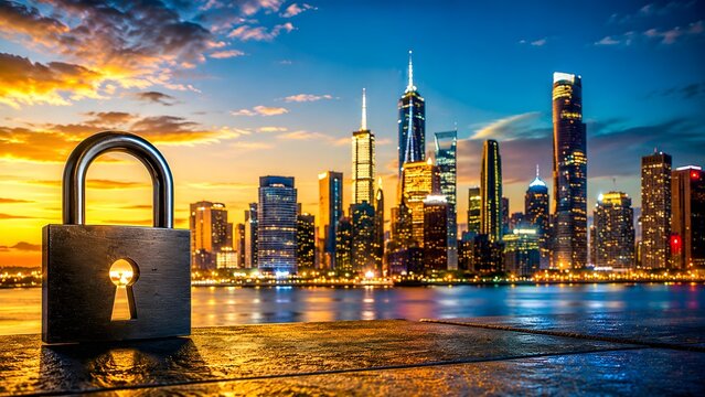Metal padlock standing on a concrete edge with a modern city skyline at sunset in the background. Concept of corporate cyber security and financial asset protection.