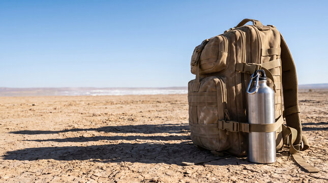 Tactical emergency backpack on cracked desert ground under harsh sun