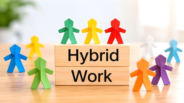 Colorful origami human figures standing around wooden blocks with hybrid work text. Concept of modern corporate flexibility and remote team collaboration.