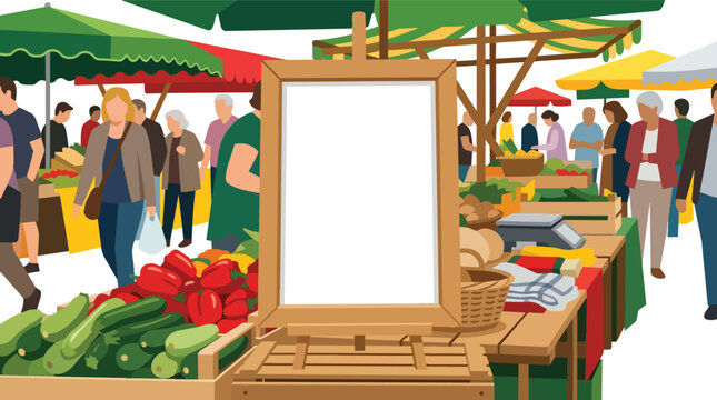 Farmers market blank easel mockup with fresh organic vegetables flat vector illustration for seasonal food festival advertising