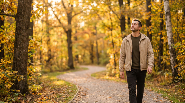 Man taking a peaceful walk along a tree-lined autumn park path