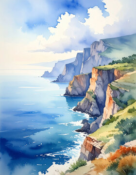 Watercolor Illustration of Coastal Cliffs And Calm Blue Ocean Representing Spiritual Pilgrimage And Philosophy