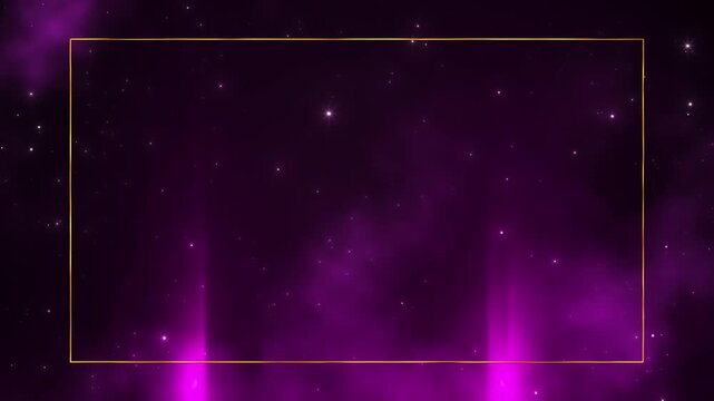 Purple cosmic thin golden rectangle, rising magenta beams, scattered stars surrounding generous copy space. award titles, event announcements, luxury presentations, music promos, animated frames.