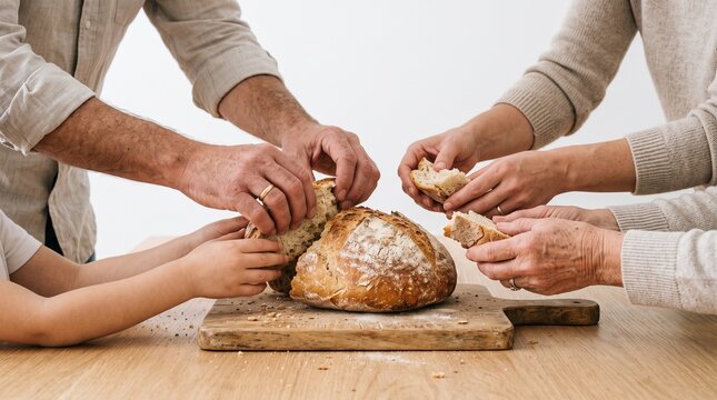 Family sharing a loaf of bread on a wooden table
