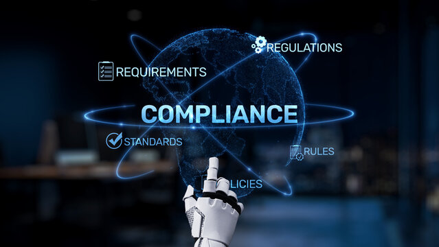 A digital representation of a robotic hand pointing to compliance elements surrounding a globe. Ideal for illustrating business practices, regulations, and standards. Synapse