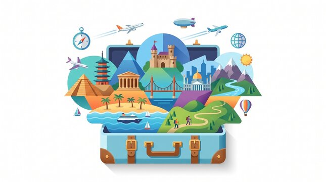 World Tourism Day Illustration Featuring an Open Travel Suitcase Revealing Global Landmarks, Natural Wonders and Cultural Experiences Emerging into a Miniature World
