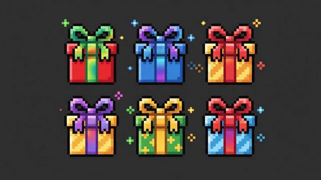 Collection of Retro Eight Bit Pixel Art Gift Box Icons with Ribbons for Video Games and Holiday Celebrations Isolated on Transparent Background in High Definition 4K Resolution Video