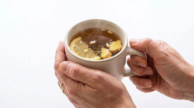 Hands holding a warm mug of ginger lemon tea with steam rising