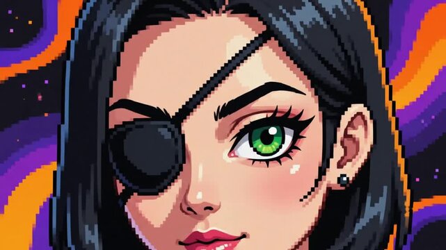 Chic retro 8-bit pixel art animation of a stylish character with a black eye, vintage gaming aesthetic avatar moving in a loop, high quality digital illustration graphic.