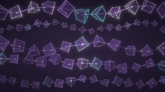 Blockchain cubes glowing wireframe blocks linked in a digital data network seamless loop in vibrant violet tones