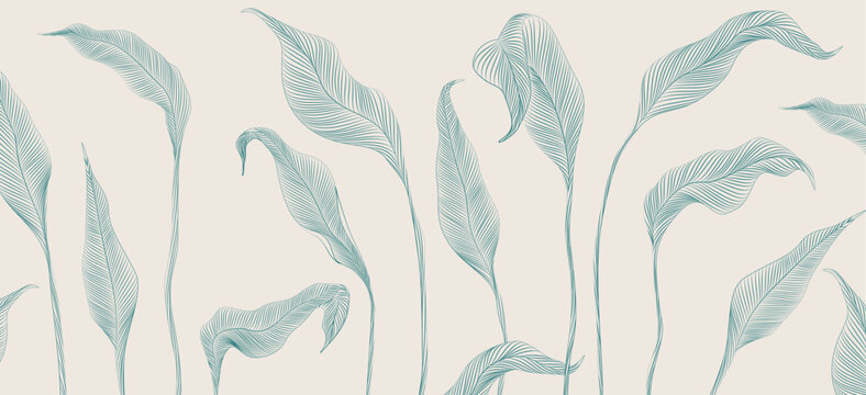 Luxury art backdrop featuring exotic leaves, hand-drawn in line style. Botanical banner for decor, prints, wallpaper, packaging, textiles, and interiors.