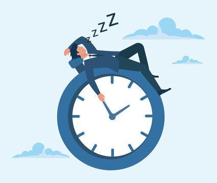 Lazy Businessman Sleeping on Clock: Procrastination, Time Management, Delaying Work, Burnout, and Wasted Time Concept