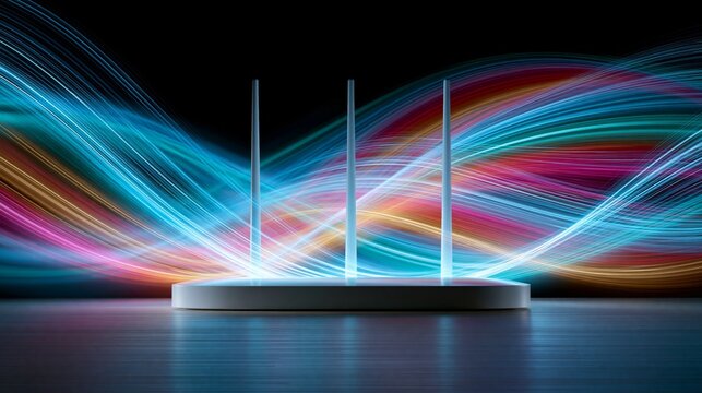 Modern wireless internet device with antennas showing light trails in a tech-themed space Generative AI