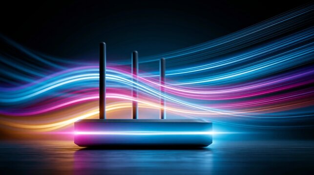 Modern wireless internet device shows light trails that represent fast data connection and digital signals Generative AI