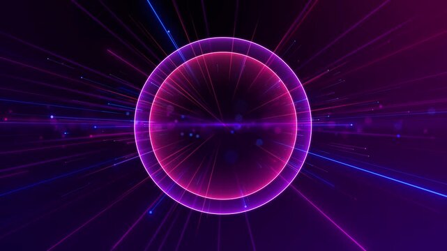 Neon Magenta and Blue Circular Light Portal Magenta and blue neon rings glow through dark space with fast streaks, suited to technology intros, gaming titles, music visuals, and logo reveals.