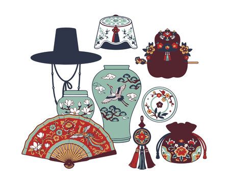 Korean Traditional Cultural Objects Set Showcasing Classic Hats Vases and Ornaments