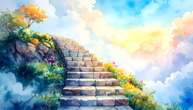 Stone Stairway Leading Up to Bright Clouds in Watercolor Illustration Representing Spiritual Ascension And Belief
