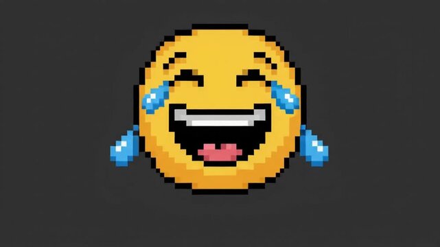 Retro 8-Bit Pixel Art Laughing Emoji Face with Wide Grin and Joyful Eyes, Digital Character Illustration for Gaming and Social Media Content in High Definition 4K Resolution