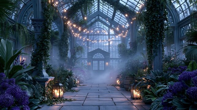 Mysterious greenhouse filled with exotic black plants and creeping ivy under moonlight and soft fog Generative AI