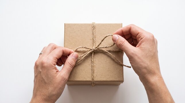Hands tying a rustic twine bow on a simple brown cardboard gift box