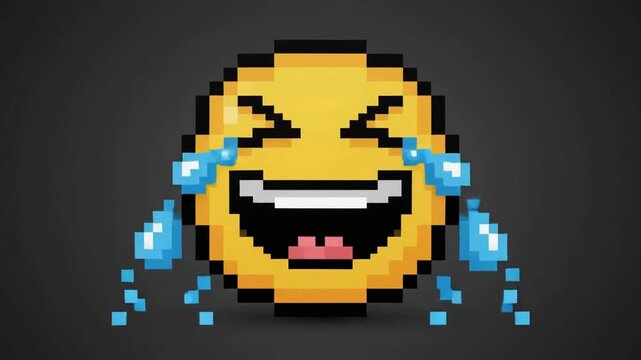 Pixel art laughing yellow emoji face joyful expression retro gaming aesthetic digital humor graphic for social media communication in high resolution 4K video quality.