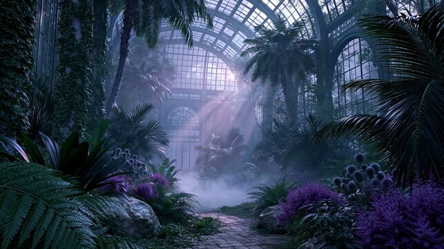 Mysterious greenhouse with black tropical plants and poisonous flowers at night Generative AI