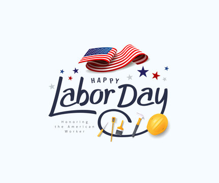 Happy labor day hand lettering background banner template with USA flag and tool decoration.