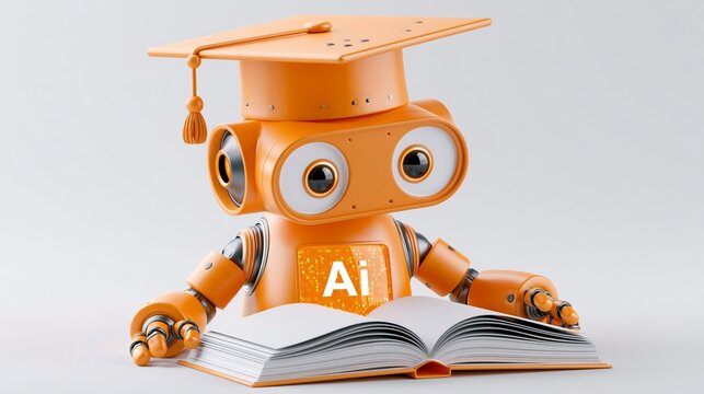 Orange robot with graduation cap reading open book with artificial intelligence text on screen shows future in education Generative AI
