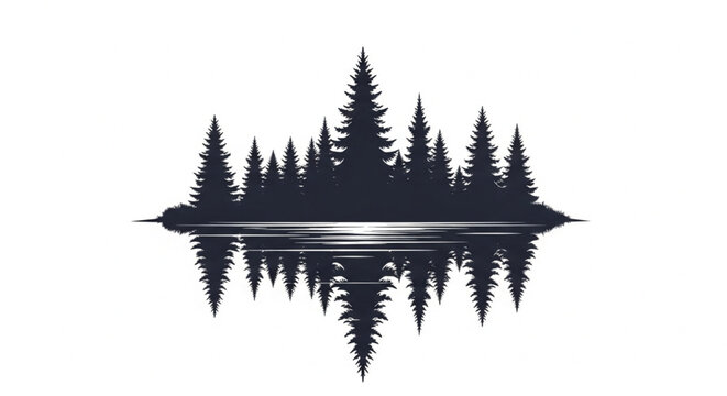 Minimalist Black Silhouette of Pine Trees Reflected in Water with White Background