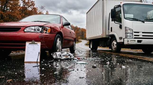 Car accident collision with truck. Road traffic crash scene with damaged vehicle wreckage.