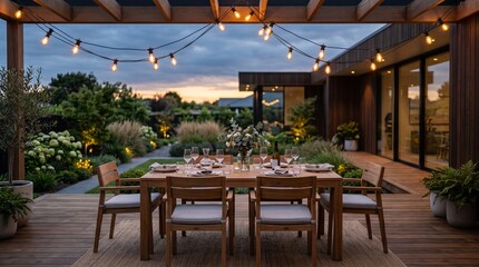 Obraz premium Outdoor dining table on a wooden deck. Evening patio setup with glowing string lights.