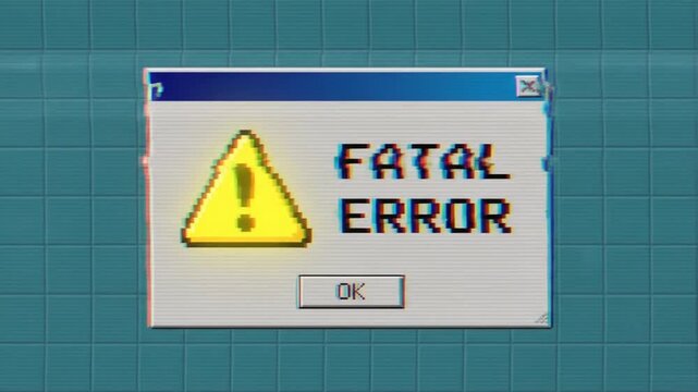Looped 8-bit Pixel Art Retro Error Popup Window with Bright Yellow Caution Warning Symbol and Exclamation Mark Icon on Transparent Background for Gaming Interface and Digital UI Design 4K 10s