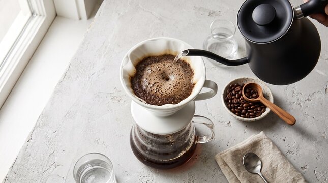 Pour-over coffee brewing process. Making fresh drip coffee with a kettle and ceramic dripper.