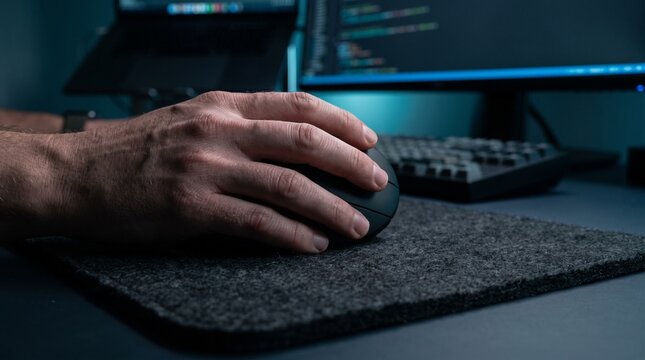 Hand using ergonomic vertical mouse. Programmer working on computer with RSI prevention gear.