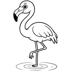 Fototapeta premium Cartoon Flamingo Standing In Water With Curved Neck And Ripple Details Isolated on a Transparent or White Background