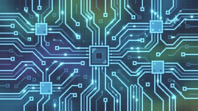 Retro 8-bit Pixel Art Electric Circuit Background with Luminous Light Blue Glow in Cyberpunk Style, High Resolution Digital Texture for Technology and Gaming Aesthetics, 4K Resolution Motion