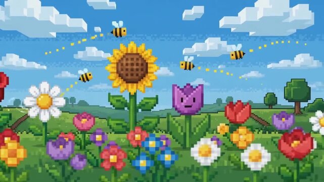 Retro 8-bit pixel art animation of vibrant blossoming floral arrangements featuring diverse spring garden flowers in a nostalgic vintage gaming aesthetic design with high resolution quality.