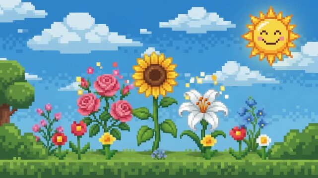 Retro 8-bit Pixel Art Animation of Vibrant Various Flowers and Botanical Blooms in a Vintage Video Game Style, High Resolution 4K Graphics for Digital Backgrounds and Creative Projects
