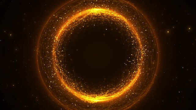 Golden Particle Network Ring on Dark Background, A glowing golden network ring with orbiting particles forms a premium digital frame for technology intros, luxury branding, awards, and logo reveals.