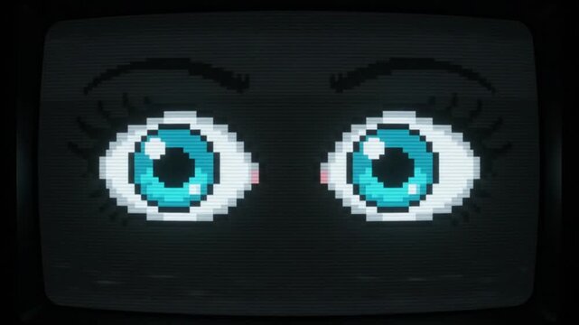 Retrogaming 8-bit pixel art illustration featuring animated blinking human eyes with vibrant blue pupils on a black background, vintage digital aesthetic for nostalgic gaming content.
