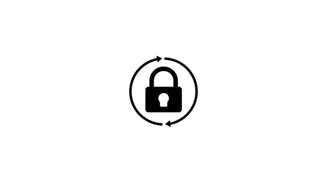 Animated padlock with rotating loading arrows, cybersecurity and data protection concept privacy