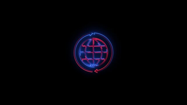 Neon globe with rotating arrows animation, global business communication concept, digital technology motion on black background