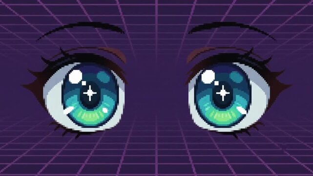 Retro 8-Bit Pixel Art Animation Featuring Cute Sparkling Anime Eyes Glowing with Glittering Stars for Video Game Graphics and Nostalgic Digital Aesthetic Illustration in 4K Resolution
