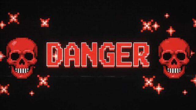 Retro Pixel Art Video of Warning Danger Text with Flickering Red Skull and Glitch Effect in a Seamlessly Looped Animation Background for Gaming Interface and Digital Signage Content