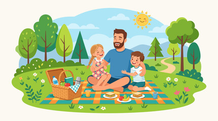 Fototapeta premium Father and Two Children Enjoying a Family Picnic Outdoors in a Sunny Green Park