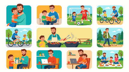 Fototapeta premium Vibrant illustrations capturing father-child bonding. Dads and children enjoy diverse activities, celebrating love, learning, and outdoor adventures